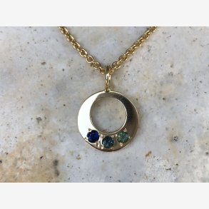 Rundt guldvedhng med safirer